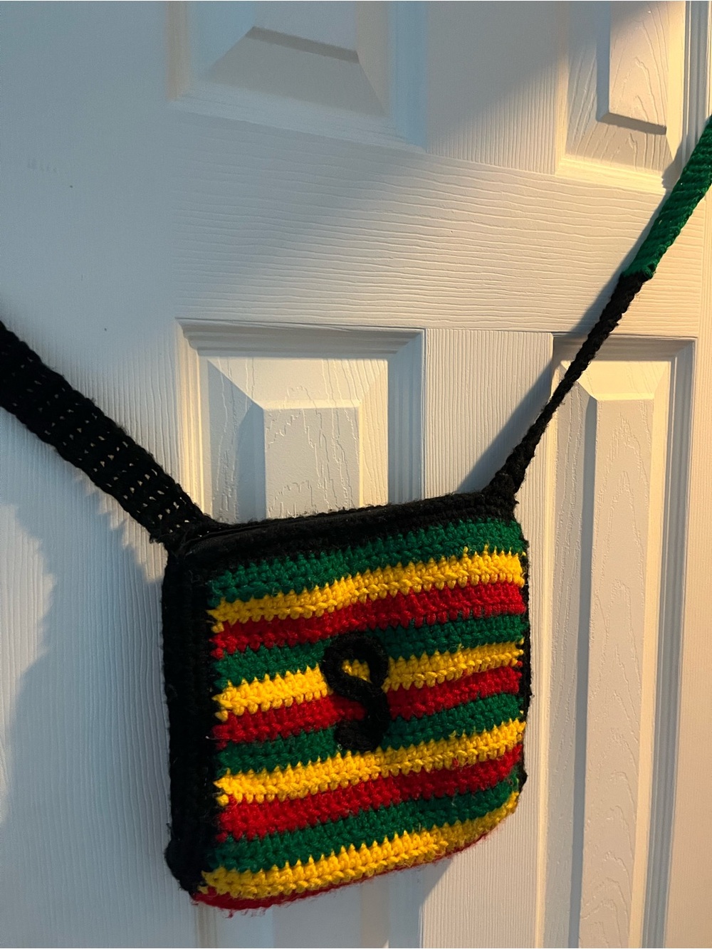 Handmade Crochet Stripe Crossbody Bag in Red, Yellow & Green